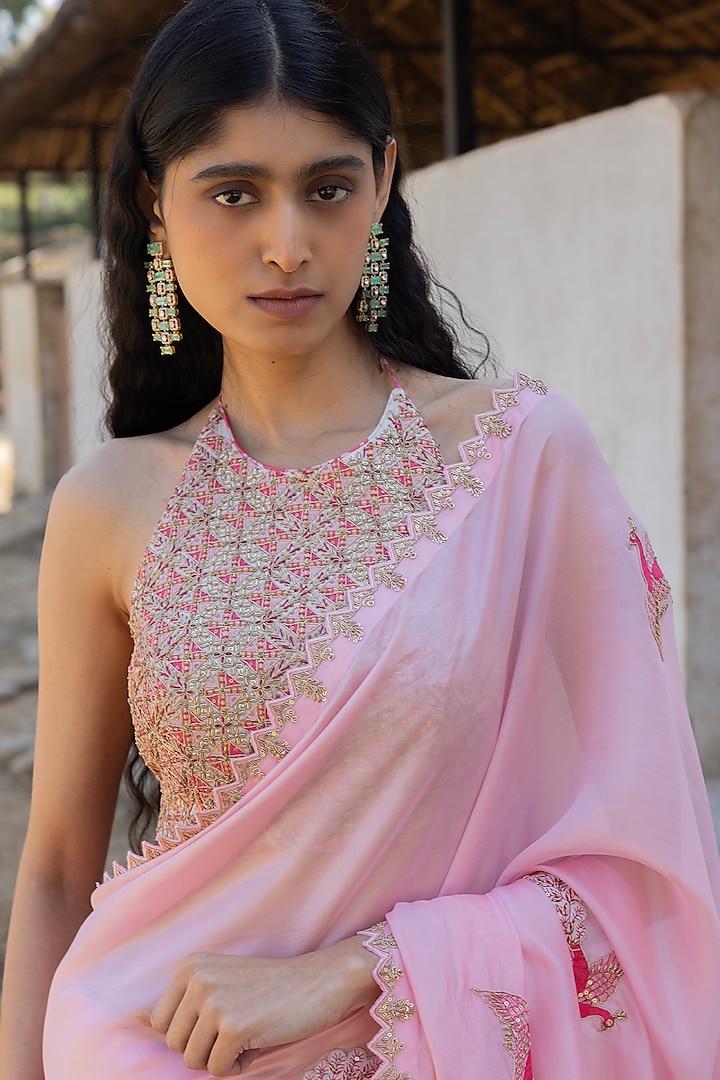 Gulabi Organza Silk Marodi Handwork Wedding Saree Set by Punit Balana at Pernia's Pop Up Shop