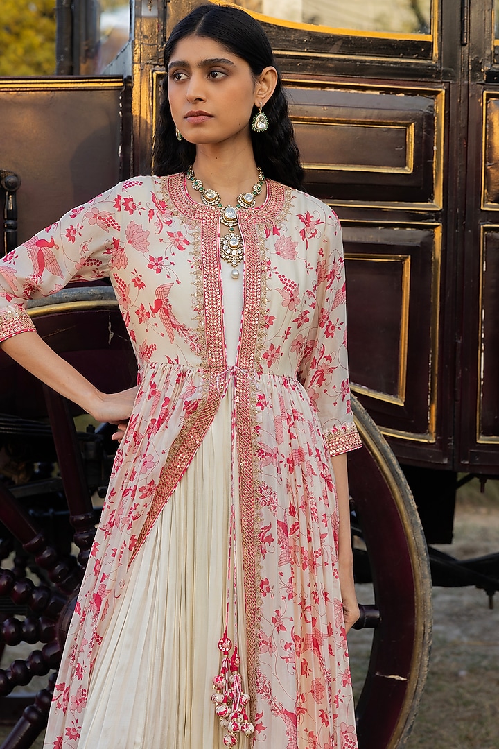 Ivory & Gulabi Organza Silk Printed Wedding Anarkali With Inner by Punit Balana at Pernia's Pop Up Shop