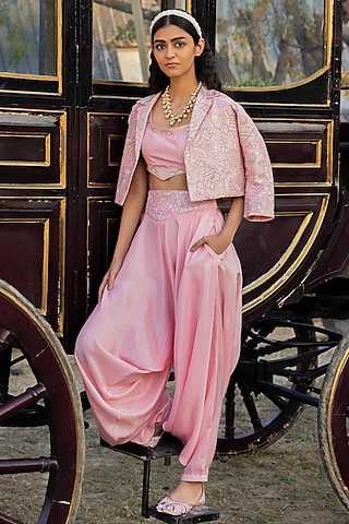 Gulabi Chanderi Silk Patchwork Embellished Crop Jacket Set by Punit Balana