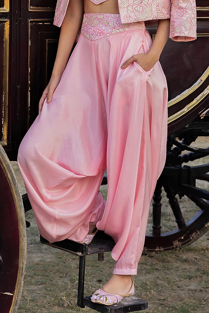 Gulabi Chanderi Silk Patchwork Embellished Crop Jacket Set by Punit Balana at Pernia's Pop Up Shop