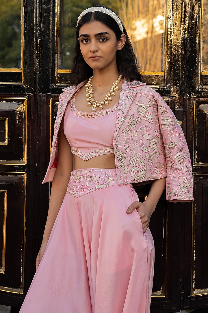 Gulabi Chanderi Silk Patchwork Embellished Crop Jacket Set by Punit Balana at Pernia's Pop Up Shop