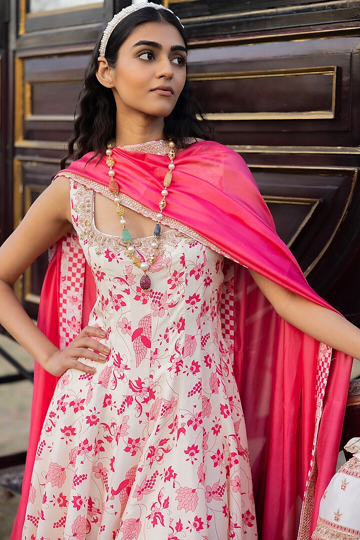 Ivory Silk Marodi Hand Embroidered Short Wedding Anarkali Set by Punit Balana at Pernia's Pop Up Shop