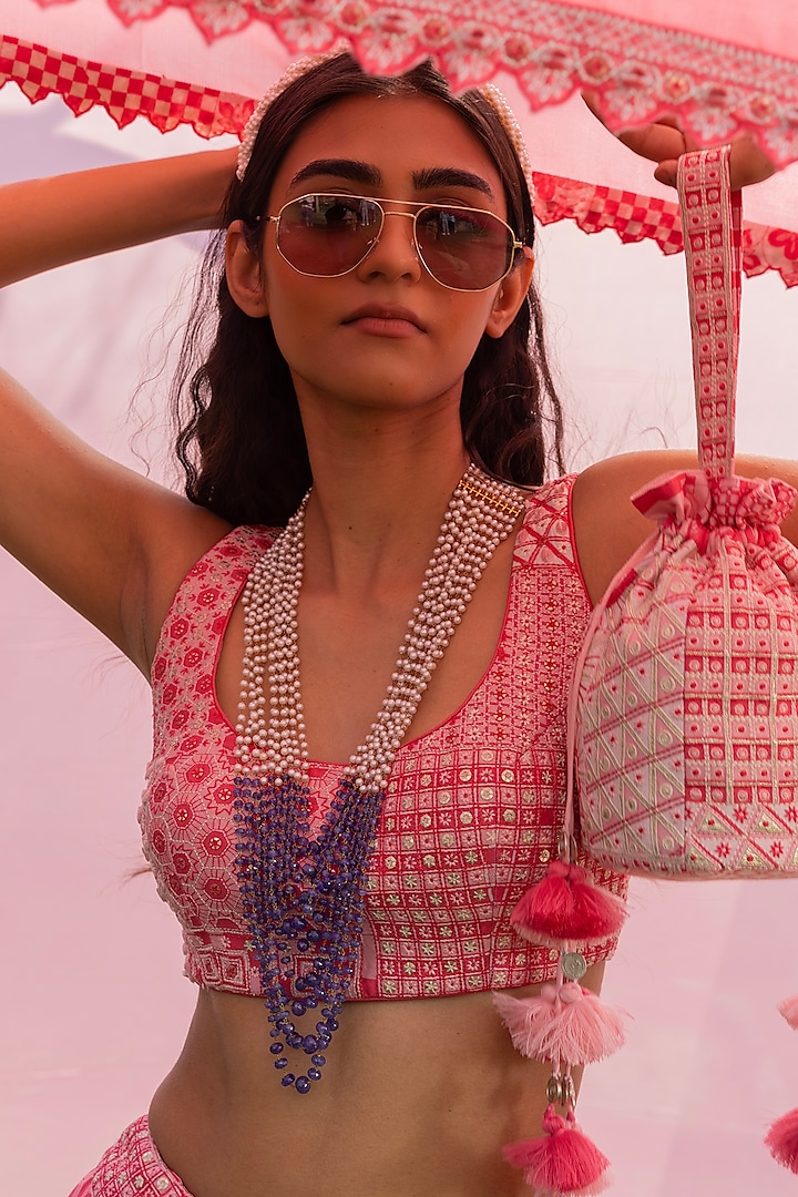 Ivory & Moonga Chanderi Silk Resham Coin Work & Printed Wedding Lehenga Set by Punit Balana at Pernia's Pop Up Shop