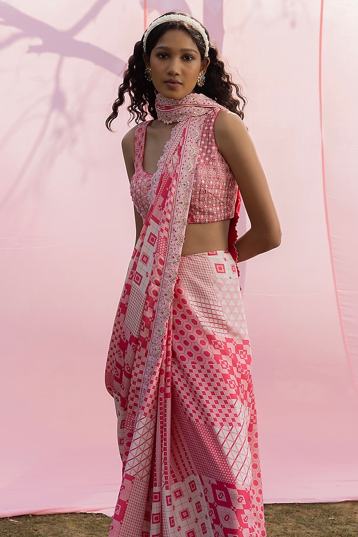 Ivory Satin Silk Resham Embroidered & Printed Wedding Saree Set by Punit Balana at Pernia's Pop Up Shop