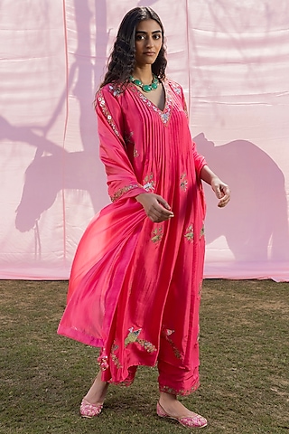 Moonga Silk Applique Patra Work Choga Kurta Set by Punit Balana
