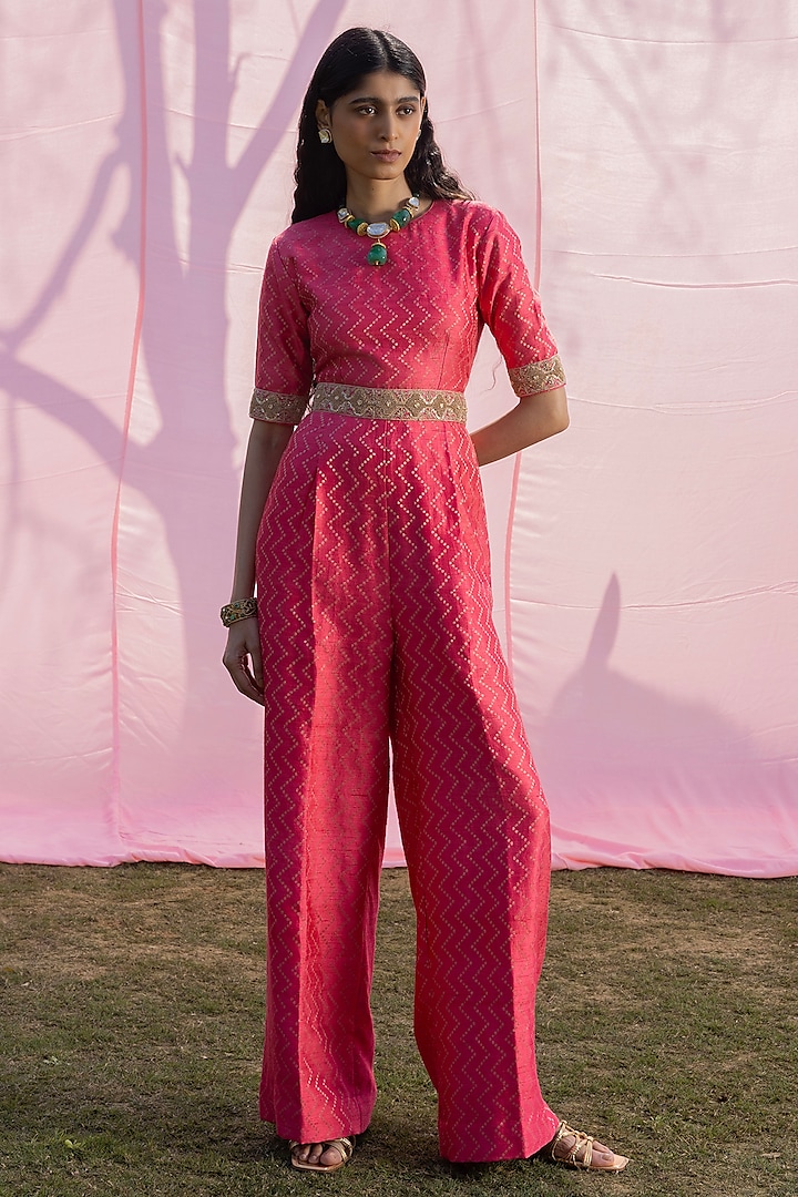 Moonga Banarasi Silk Zardosi Embroidered Jumpsuit by Punit Balana