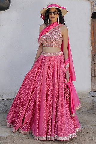 Moonga Silk Banarasi Zardosi Hand Embroidered Lehenga Set by Punit Balana