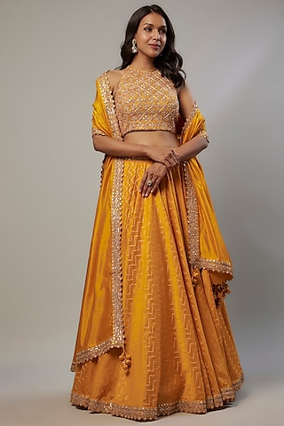 Mustard Banarasi Silk Jacquard Marodi Embroidered Lehenga Set by Punit Balana