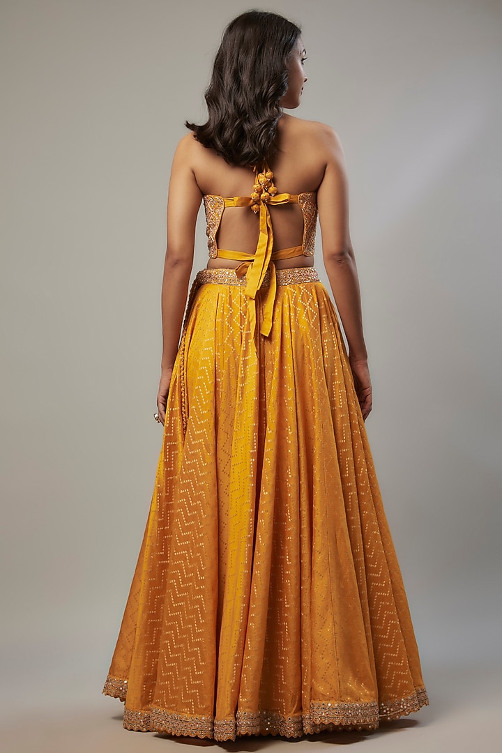 Mustard Banarasi Silk Jacquard Marodi Embroidered Wedding Lehenga Set by Punit Balana at Pernia's Pop Up Shop