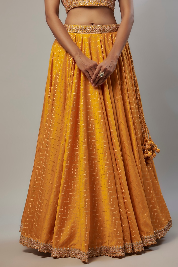 Mustard Banarasi Silk Jacquard Marodi Embroidered Wedding Lehenga Set by Punit Balana at Pernia's Pop Up Shop