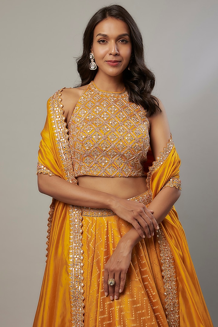 Mustard Banarasi Silk Jacquard Marodi Embroidered Wedding Lehenga Set by Punit Balana at Pernia's Pop Up Shop
