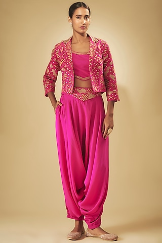 Pink Chanderi Silk Patchwork Jacket Set by Punit Balana