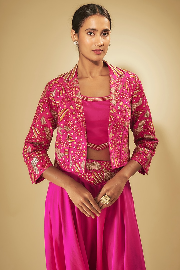 Pink Chanderi Silk Patchwork Jacket Set by Punit Balana at Pernia's Pop Up Shop