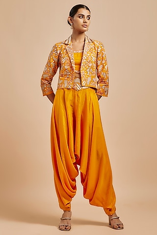 Mustard Chanderi Silk Embroidered Jacket Set by Punit Balana