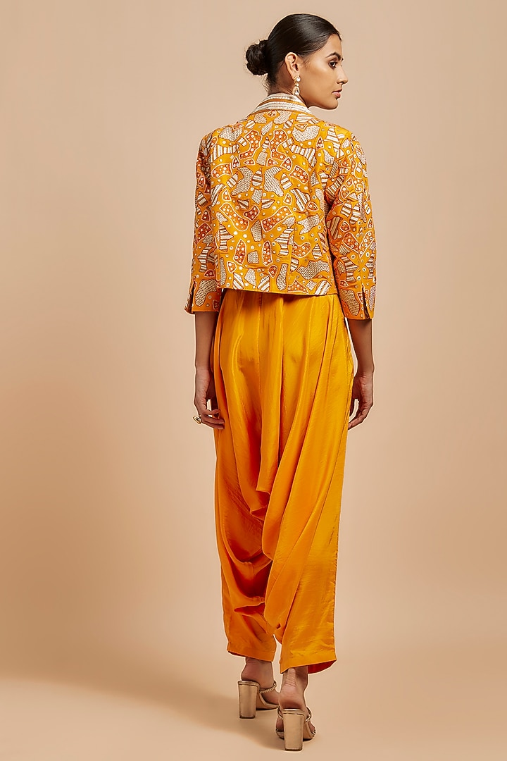 Mustard Chanderi Silk Embroidered Jacket Set by Punit Balana at Pernia's Pop Up Shop