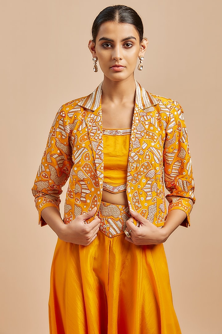 Mustard Chanderi Silk Embroidered Jacket Set by Punit Balana at Pernia's Pop Up Shop