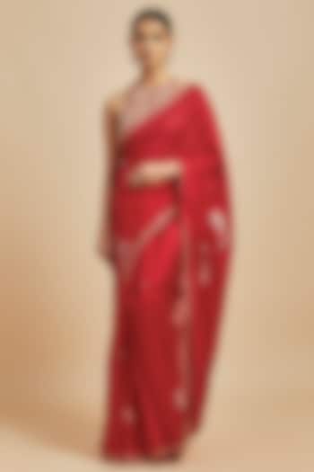 Red Organza Silk Zardosi Embroidered Saree Set by Punit Balana