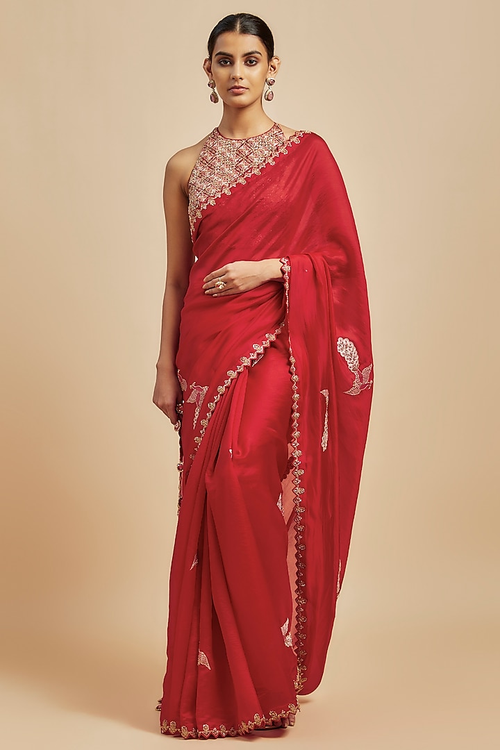 Red Organza Silk Zardosi Embroidered Saree Set by Punit Balana