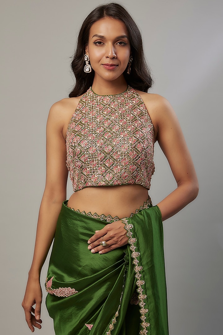 Green Silk Organza Marodi Embroidered Wedding Saree Set by Punit Balana at Pernia's Pop Up Shop