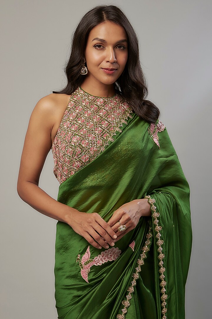Green Silk Organza Marodi Embroidered Wedding Saree Set by Punit Balana at Pernia's Pop Up Shop