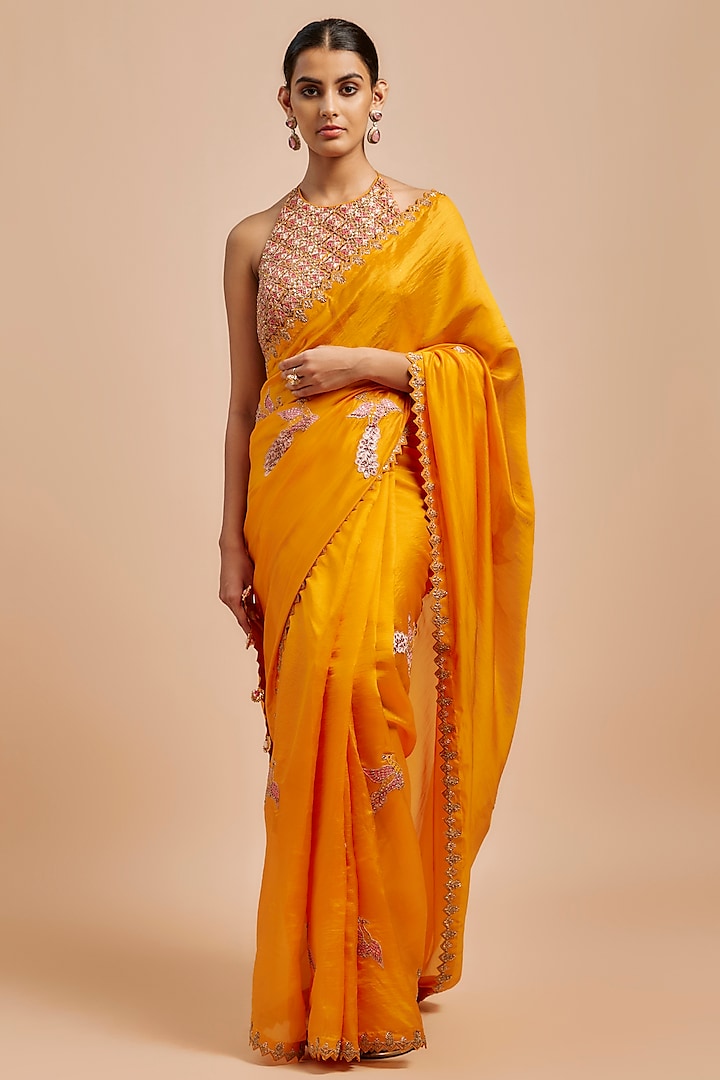 Mustard Organza Silk Zardosi Embroidered Saree Set by Punit Balana