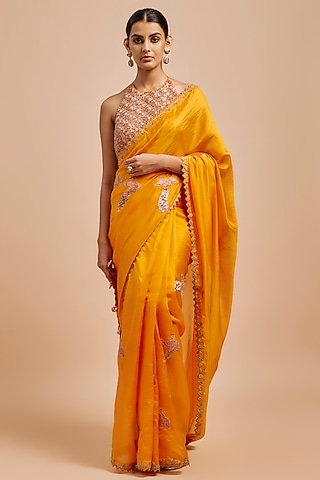 Mustard Organza Silk Zardosi Embroidered Saree Set by Punit Balana