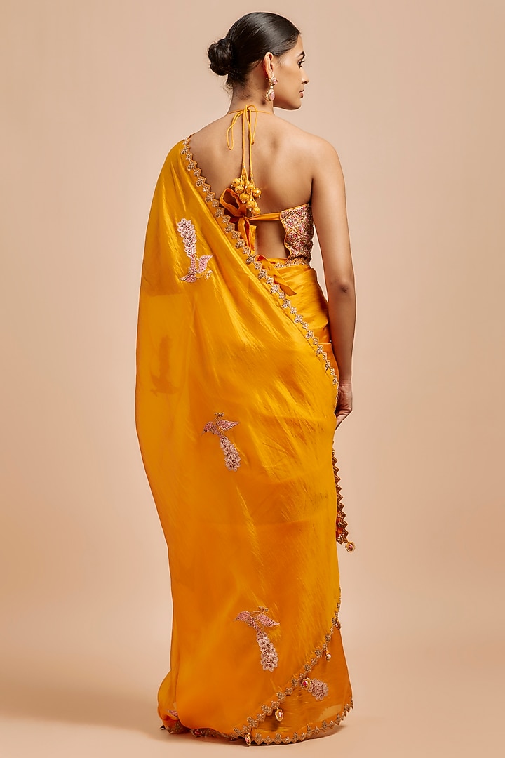 Mustard Organza Silk Zardosi Embroidered Wedding Saree Set by Punit Balana at Pernia's Pop Up Shop