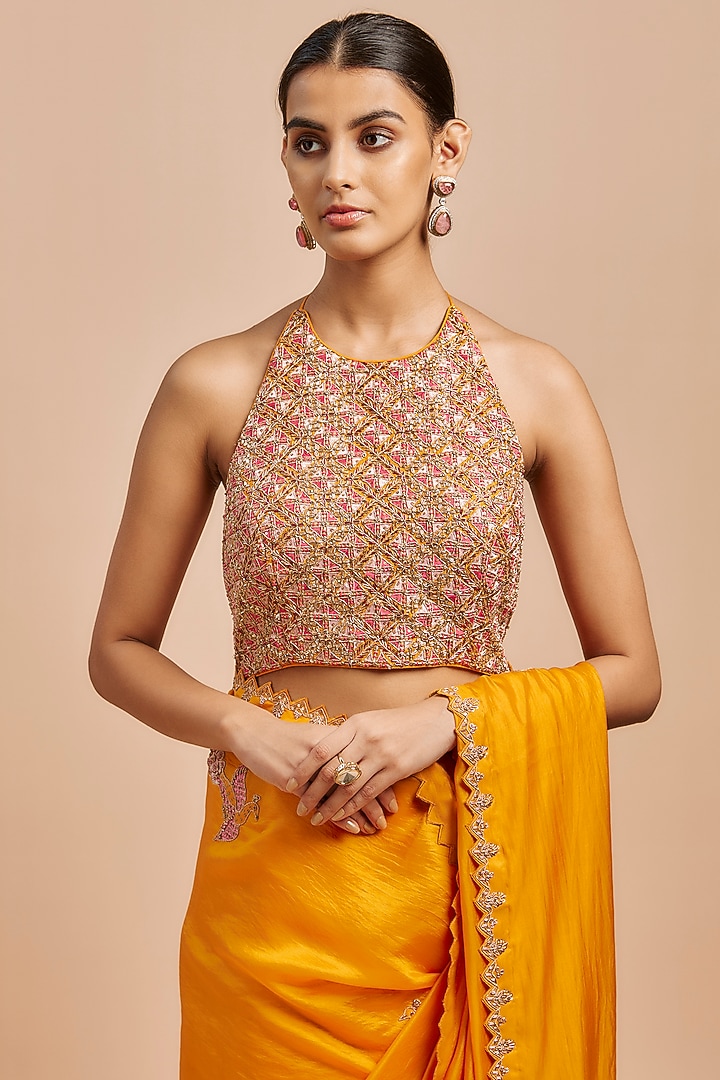 Mustard Organza Silk Zardosi Embroidered Wedding Saree Set by Punit Balana at Pernia's Pop Up Shop