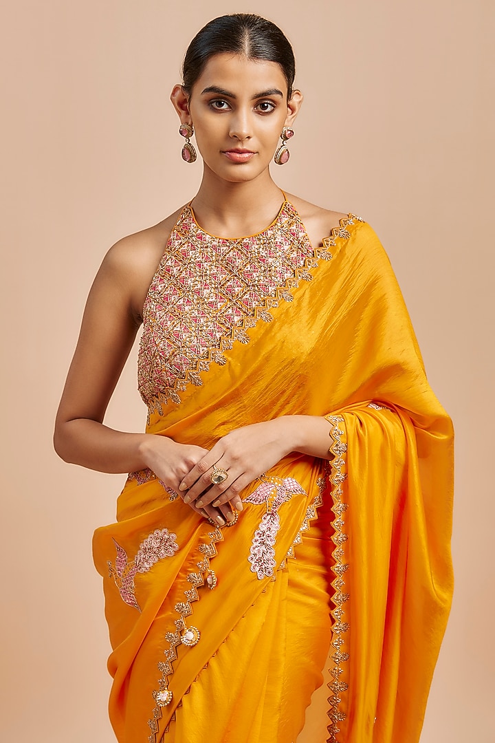 Mustard Organza Silk Zardosi Embroidered Wedding Saree Set by Punit Balana at Pernia's Pop Up Shop