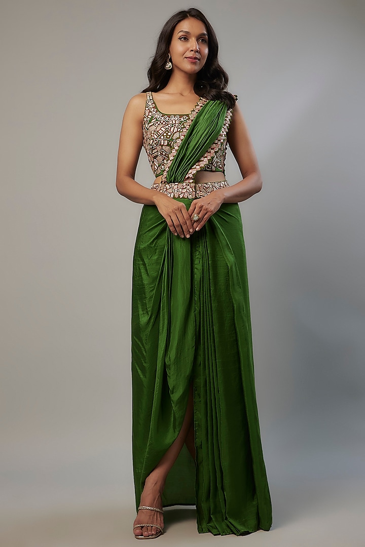 Green Pure Silk Resham Patch Embroidered Draped Saree Set by Punit Balana