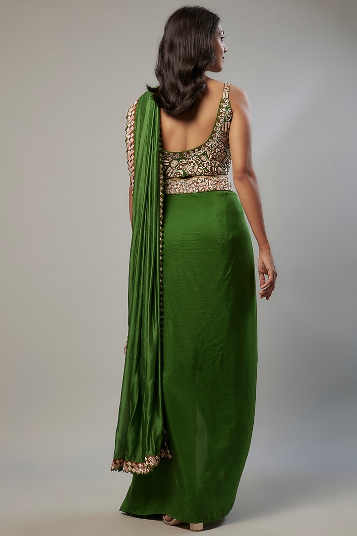 Green Pure Silk Resham Patch Embroidered Draped Wedding Saree Set by Punit Balana at Pernia's Pop Up Shop