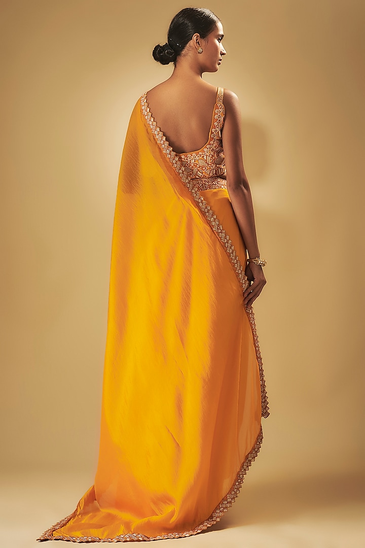 Mustard Satin Silk Patchwork Wedding Saree Set by Punit Balana at Pernia's Pop Up Shop