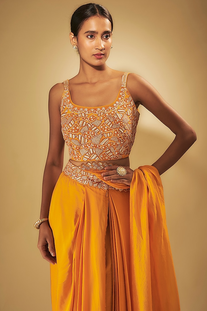 Mustard Satin Silk Patchwork Wedding Saree Set by Punit Balana at Pernia's Pop Up Shop