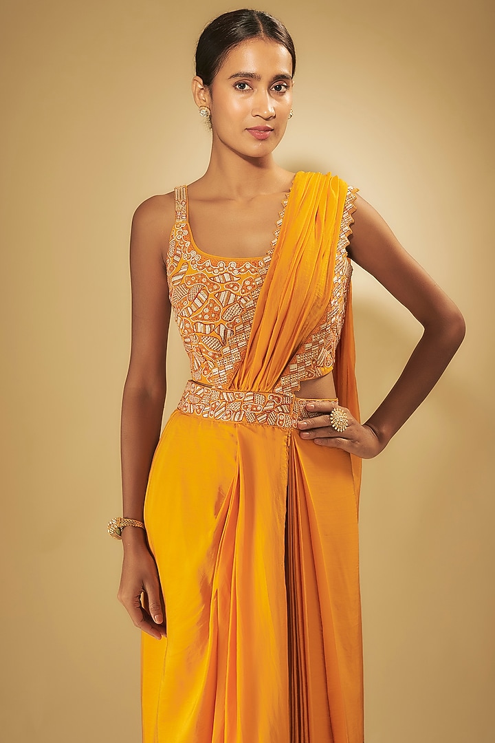 Mustard Satin Silk Patchwork Wedding Saree Set by Punit Balana at Pernia's Pop Up Shop