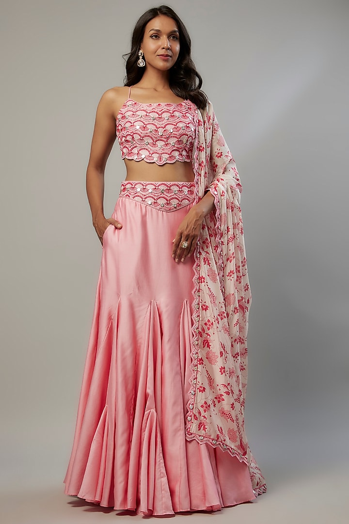 Pink Silk Chanderi Resham & Coin Machine Embroidered Wedding Lehenga Set by Punit Balana at Pernia's Pop Up Shop