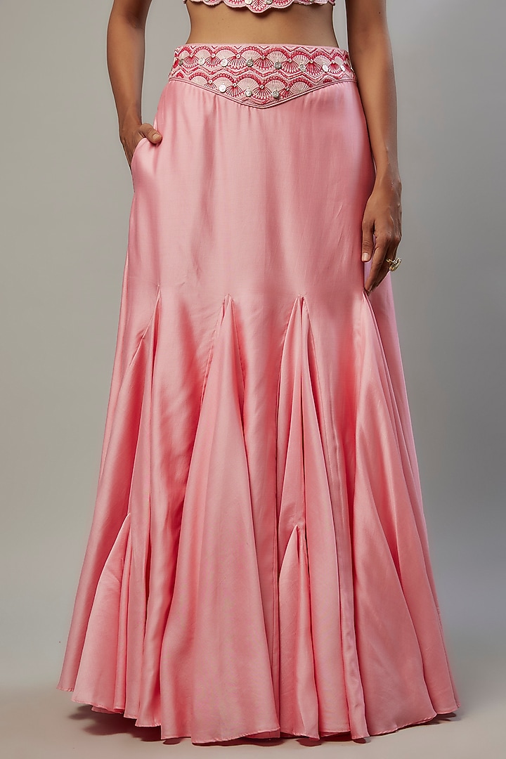 Pink Silk Chanderi Resham & Coin Machine Embroidered Wedding Lehenga Set by Punit Balana at Pernia's Pop Up Shop