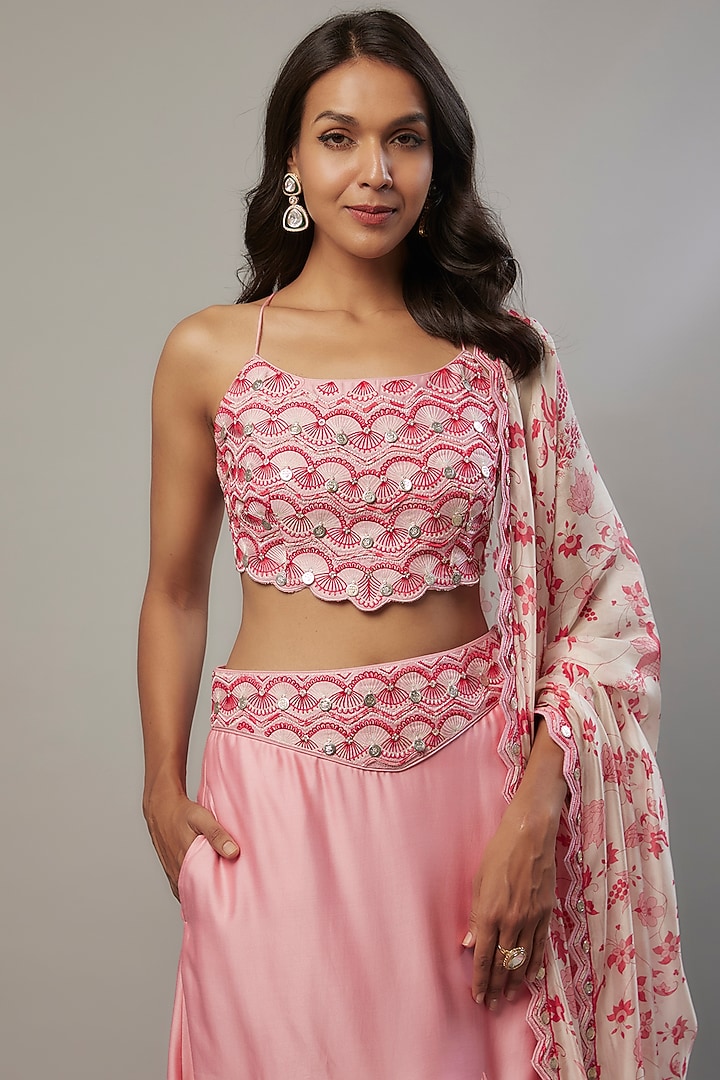 Pink Silk Chanderi Resham & Coin Machine Embroidered Wedding Lehenga Set by Punit Balana at Pernia's Pop Up Shop