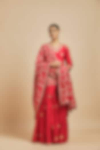 Red Organza Silk & Banarasi Silk Embroidered Gharara Set by Punit Balana