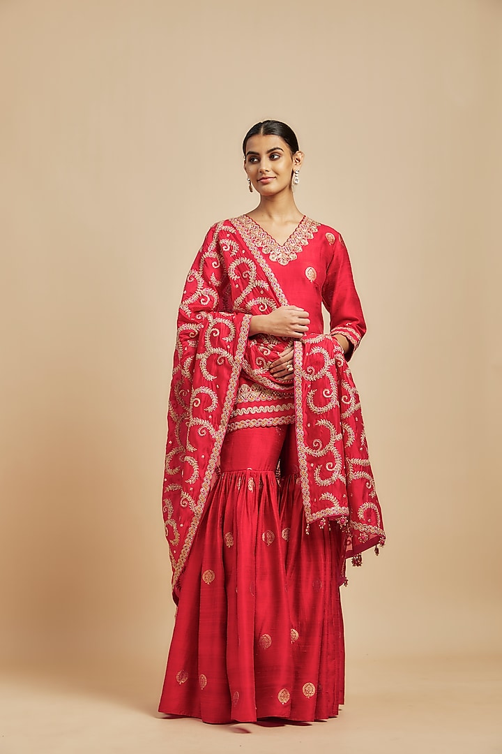 Red Organza Silk & Banarasi Silk Embroidered Gharara Set by Punit Balana