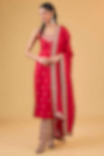 Red Silk & Organza Silk Mirror Embroidered Kurta Set by Punit Balana at Pernia's Pop Up Shop