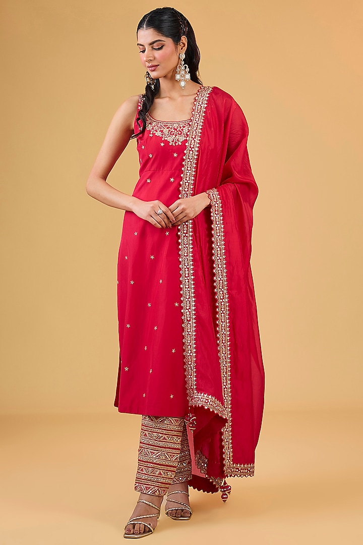 Red Silk & Organza Silk Mirror Embroidered Kurta Set by Punit Balana at Pernia's Pop Up Shop