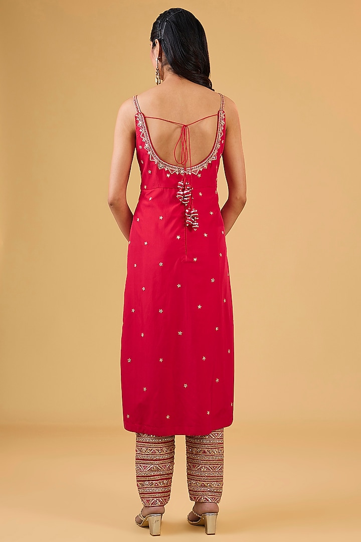 Red Silk & Organza Silk Mirror Embroidered Kurta Set by Punit Balana at Pernia's Pop Up Shop