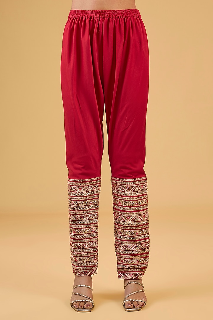 Red Silk & Organza Silk Mirror Embroidered Kurta Set by Punit Balana at Pernia's Pop Up Shop