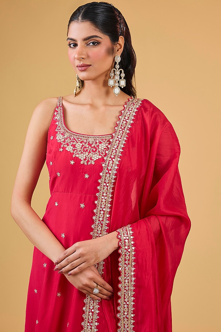 Red Silk & Organza Silk Mirror Embroidered Kurta Set by Punit Balana at Pernia's Pop Up Shop