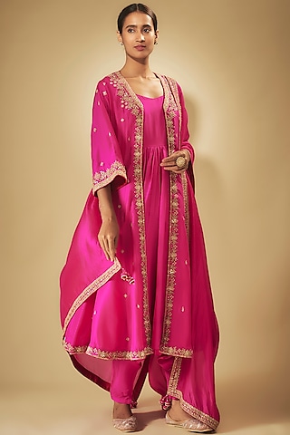 Pink Silk & Organza Silk Anarkali Set by Punit Balana