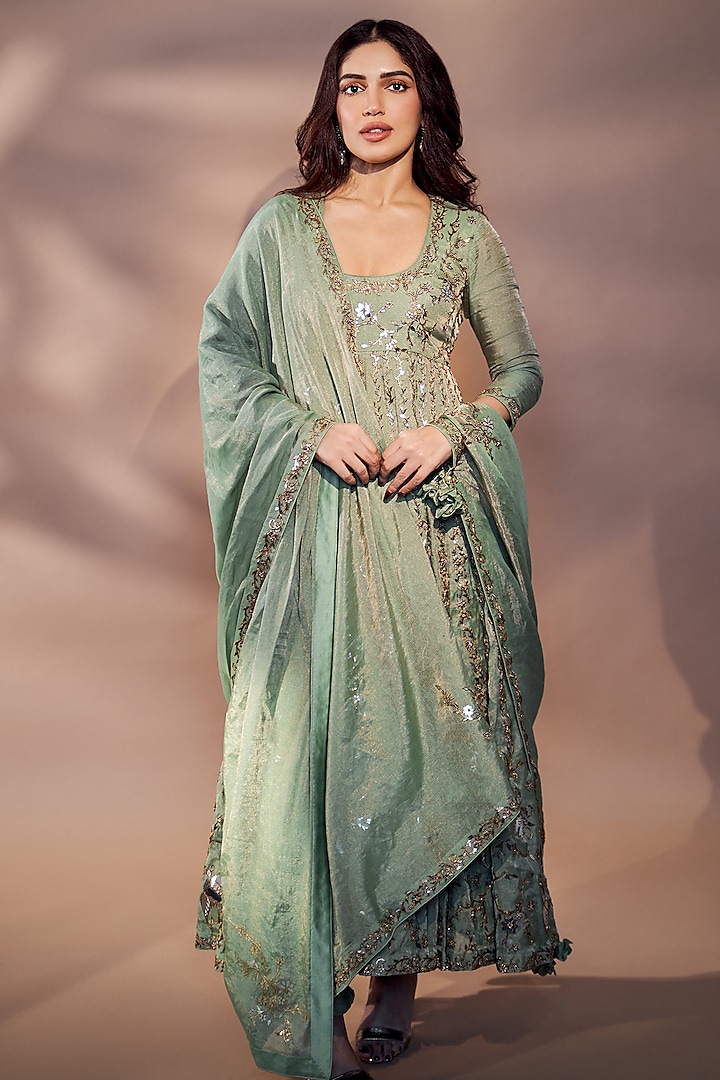 Sage Green Tissue Chanderi Silk Applique Work Bridal Anarkali Set by Punit Balana at Pernia's Pop Up Shop