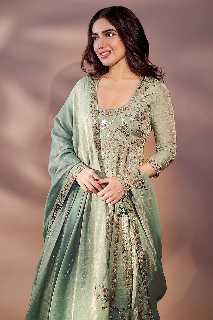 Sage Green Tissue Chanderi Silk Applique Work Bridal Anarkali Set by Punit Balana at Pernia's Pop Up Shop
