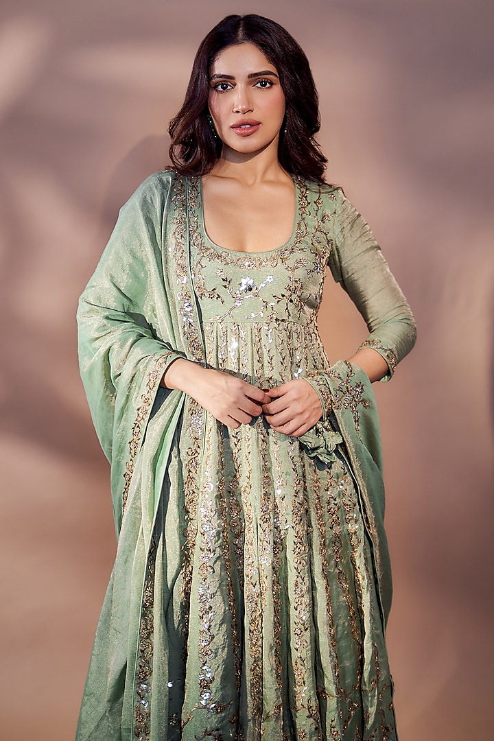 Sage Green Tissue Chanderi Silk Applique Work Bridal Anarkali Set by Punit Balana at Pernia's Pop Up Shop