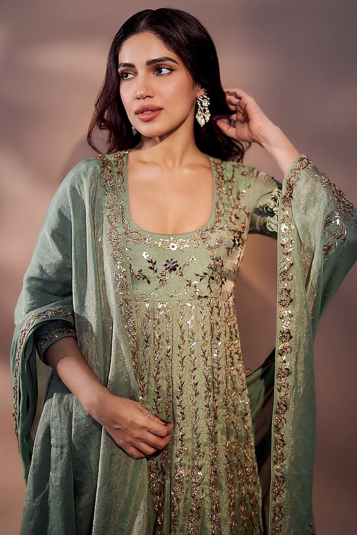 Sage Green Tissue Chanderi Silk Applique Work Bridal Anarkali Set by Punit Balana at Pernia's Pop Up Shop