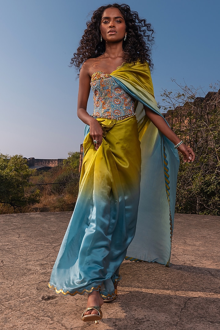 Mist Blue & Dry Henna Silk Organza Ombre Wedding Saree Set by Punit Balana at Pernia's Pop Up Shop